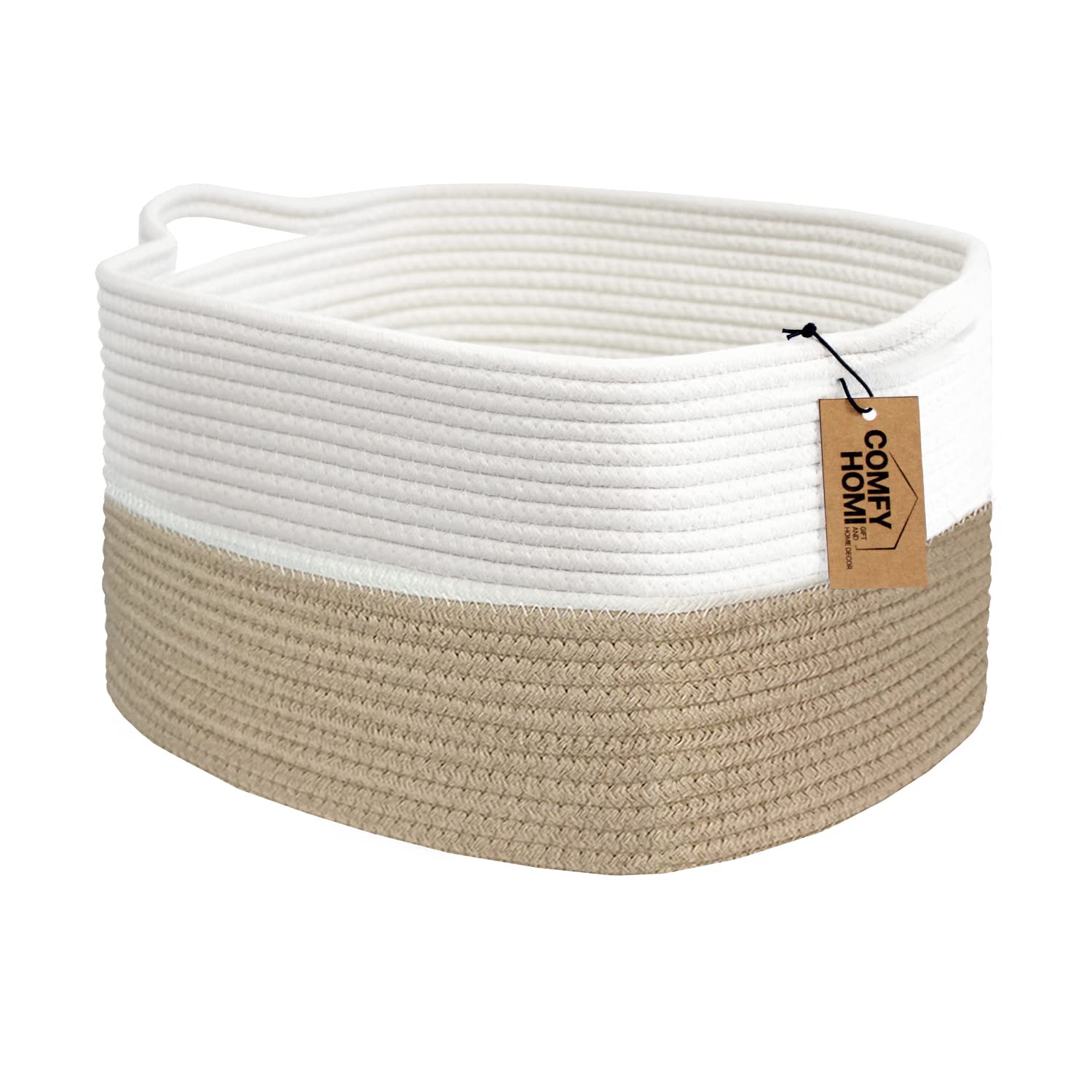 Comfy-Homi Cotton Rope Woven Basket With Handles For Shelf, Pet Toy, Book, Cloth Storage Basket-13.5' X 11' X 9.5' Nursery Cube Bin,Decorative Storage Organizer For Living Room, Bathroom Light Brown